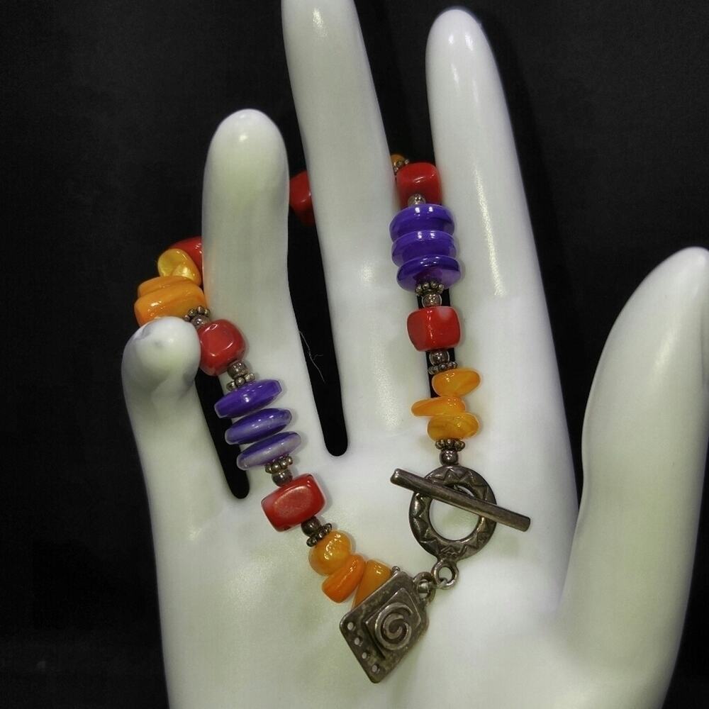 Vintage Gemstone Bracelet, Orange Purple Red Toggle Clasp, 7 3/4 Inches